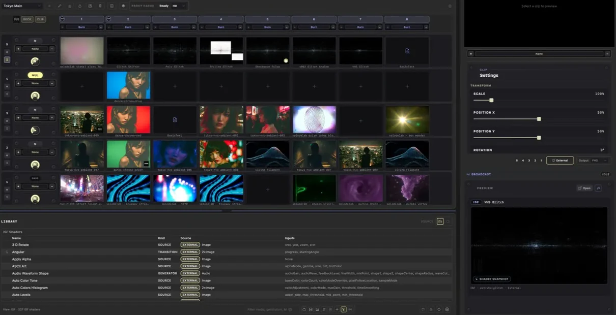 The Splode Lab Live deck, ISF Shader Library, effect controls and shader preview.