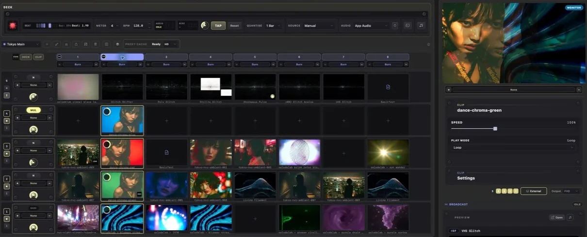 Stack 2 playing in Splode Lab Live with active cells highlighted and the finished composition in the Monitor.