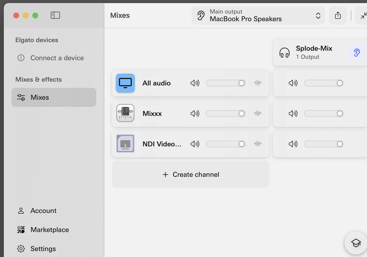 Elgato Wave Link with Mixxx and other audio routed into a mix named Splode-Mix.