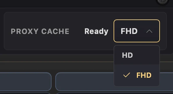 Proxy Cache showing Ready with its HD and FHD quality choices open.