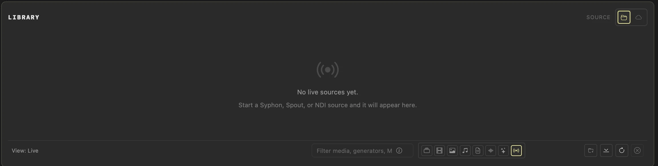 The Library Live view waiting for a Syphon, Spout or NDI source.