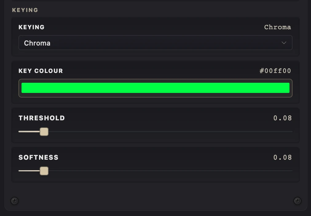 Chroma key controls with a green Key Colour and Threshold and Softness sliders.
