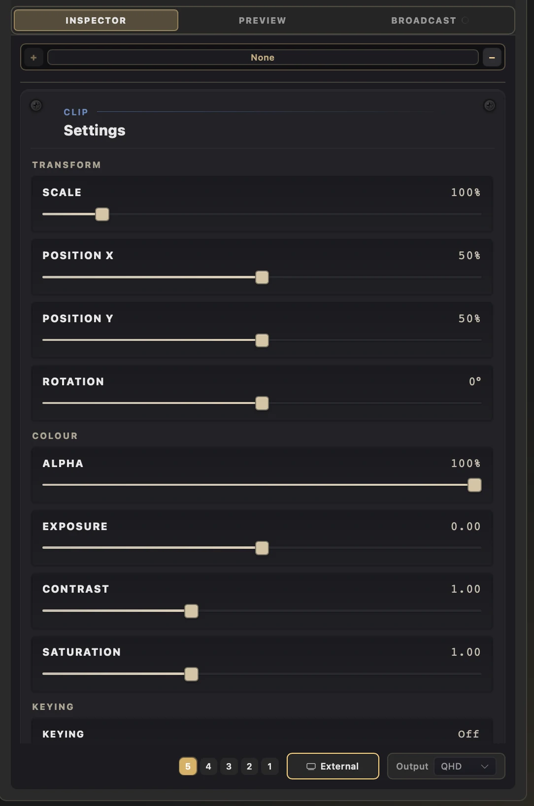 Clip Settings in Inspector showing Scale, Position, Rotation, Alpha, Exposure, Contrast, Saturation and Keying controls.