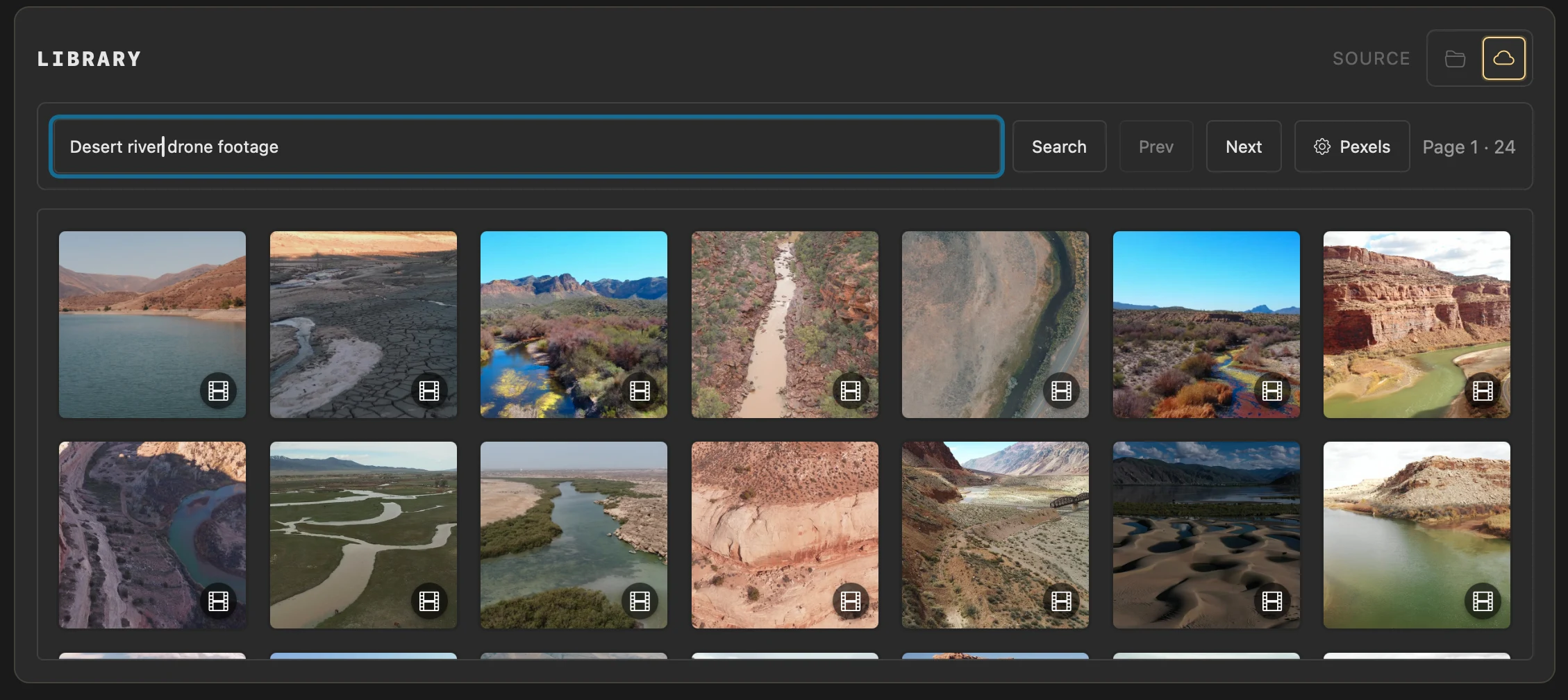 The Pexels source in Library showing landscape drone footage for a desert river search.