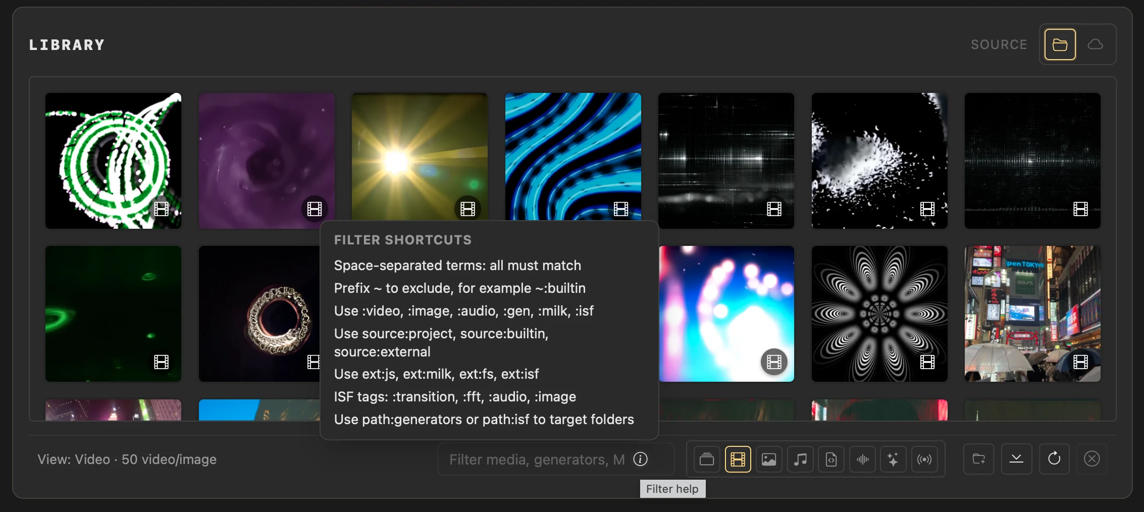 The Library with Video selected and Filter shortcuts open above the media-type buttons.