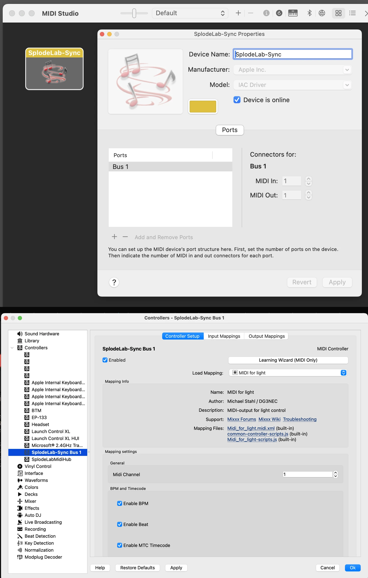The SplodeLab-Sync IAC bus in Audio MIDI Setup and the MIDI for light controller settings in Mixxx.