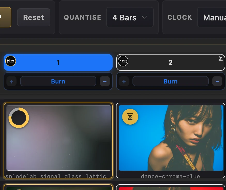 Quantise set to 4 Bars with Stack 1 active and Stack 2 outlined with hourglasses while it waits.