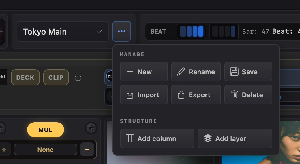 The deck actions menu open beside the Tokyo Main deck, showing Manage and Structure options.