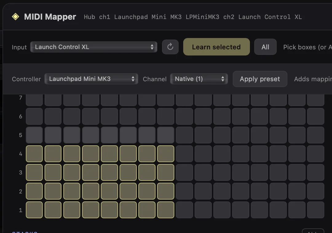 The MIDI Mapper showing Input, Learn selected, Controller preset and Apply preset above mapped deck cells.