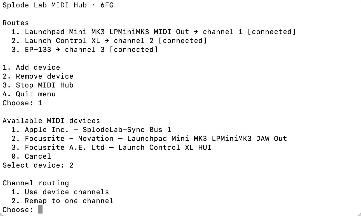 Splode Lab MIDI Hub asking whether a newly selected controller should use its device channels or be remapped to one channel.