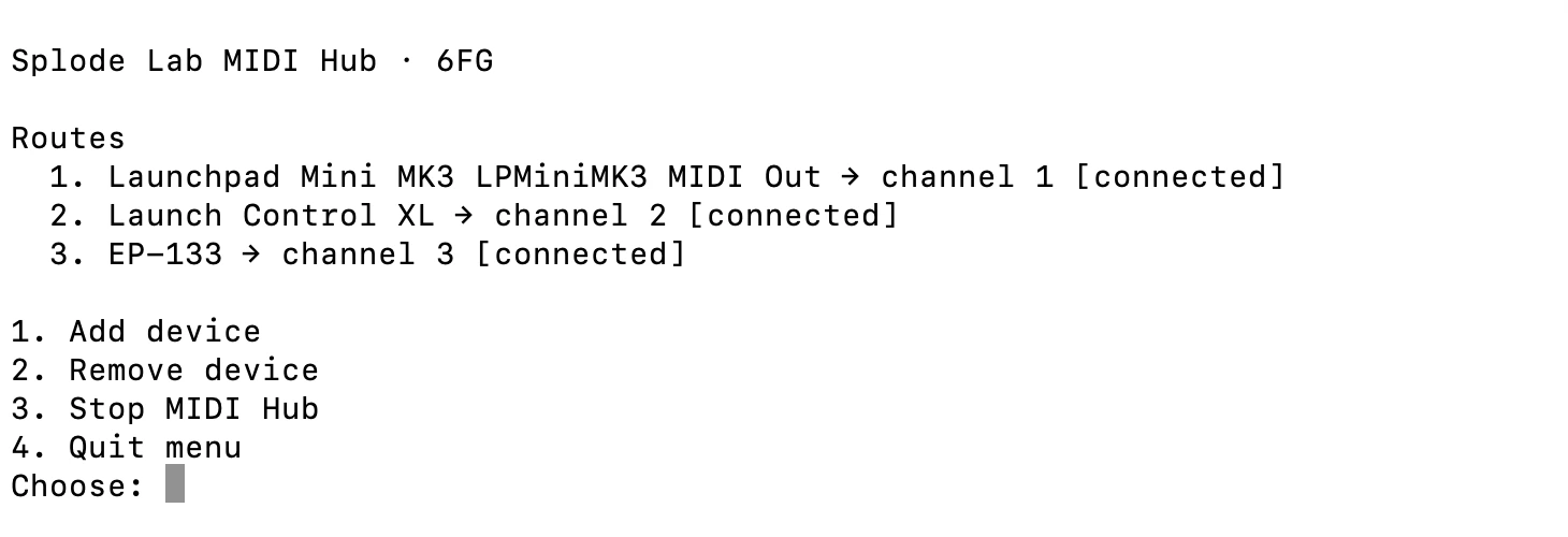 Splode Lab MIDI Hub showing a Launchpad, Launch Control and EP-133 connected on MIDI channels 1, 2 and 3.