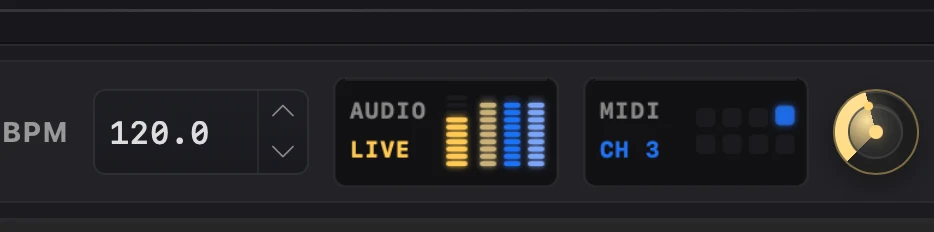 The AUDIO activity meter showing live low, mid and high frequency levels in the control strip.