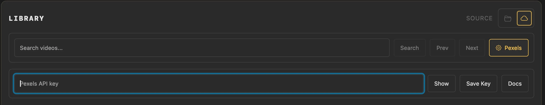 Pexels settings in Library with the API key field and Show, Save Key and Docs buttons.