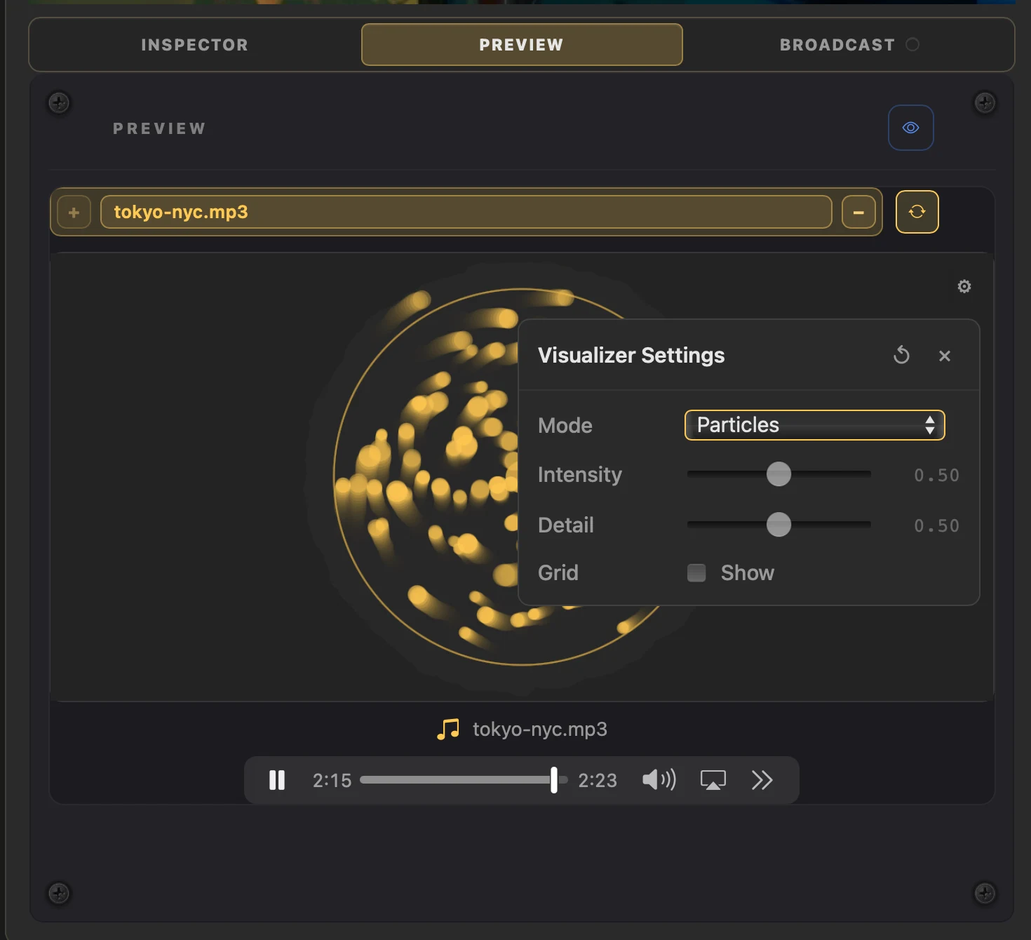 The Preview music player loaded with tokyo-nyc.mp3 and its Particles visualiser settings open.