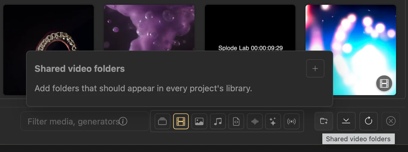 The Shared video folders panel open above the Library controls with an add-folder button.