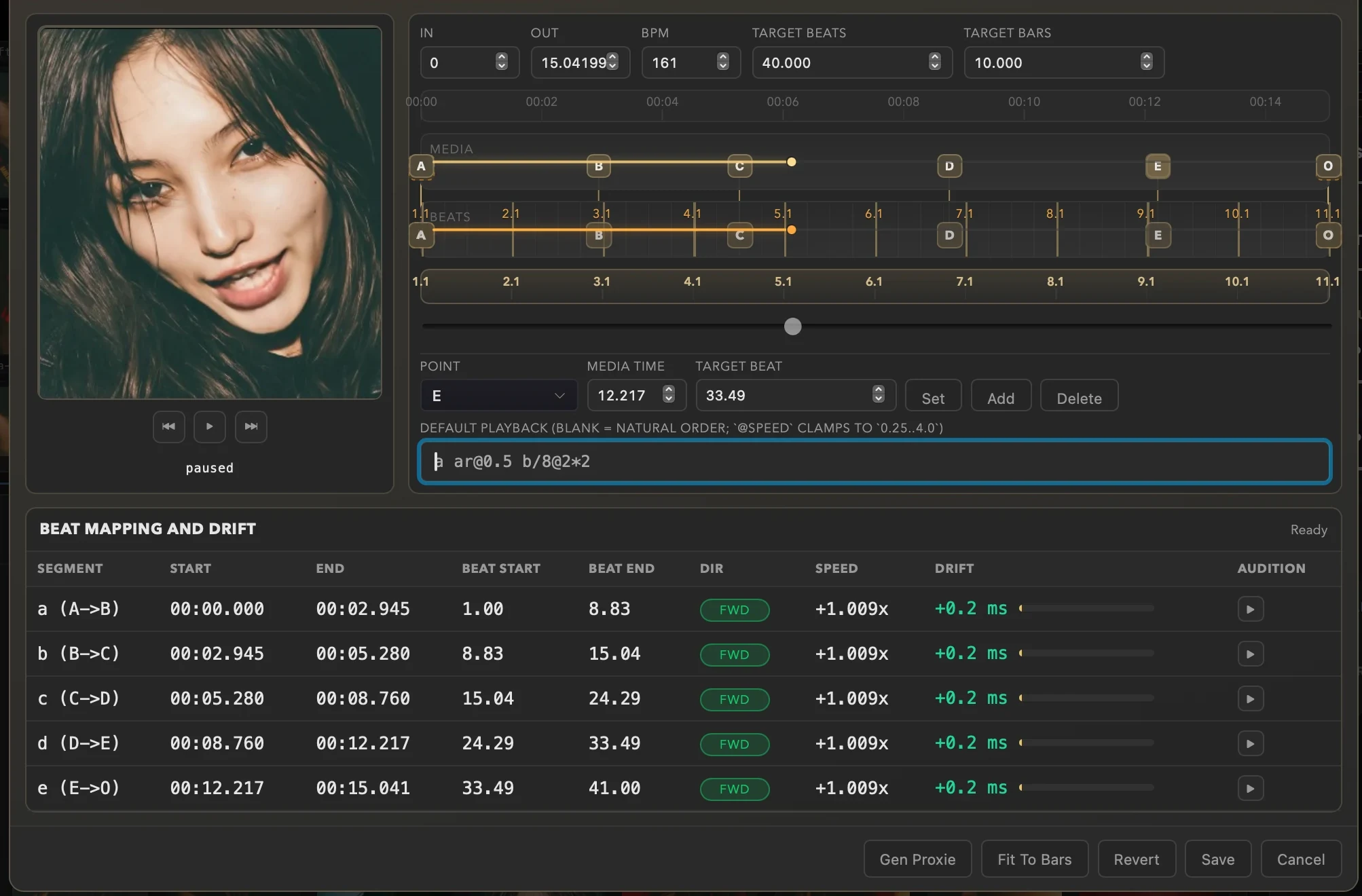 The Vūdl editor showing a movie preview, In and Out, BPM, target beats and bars, anchor timelines, Default Playback and the Beat Mapping and Drift table.