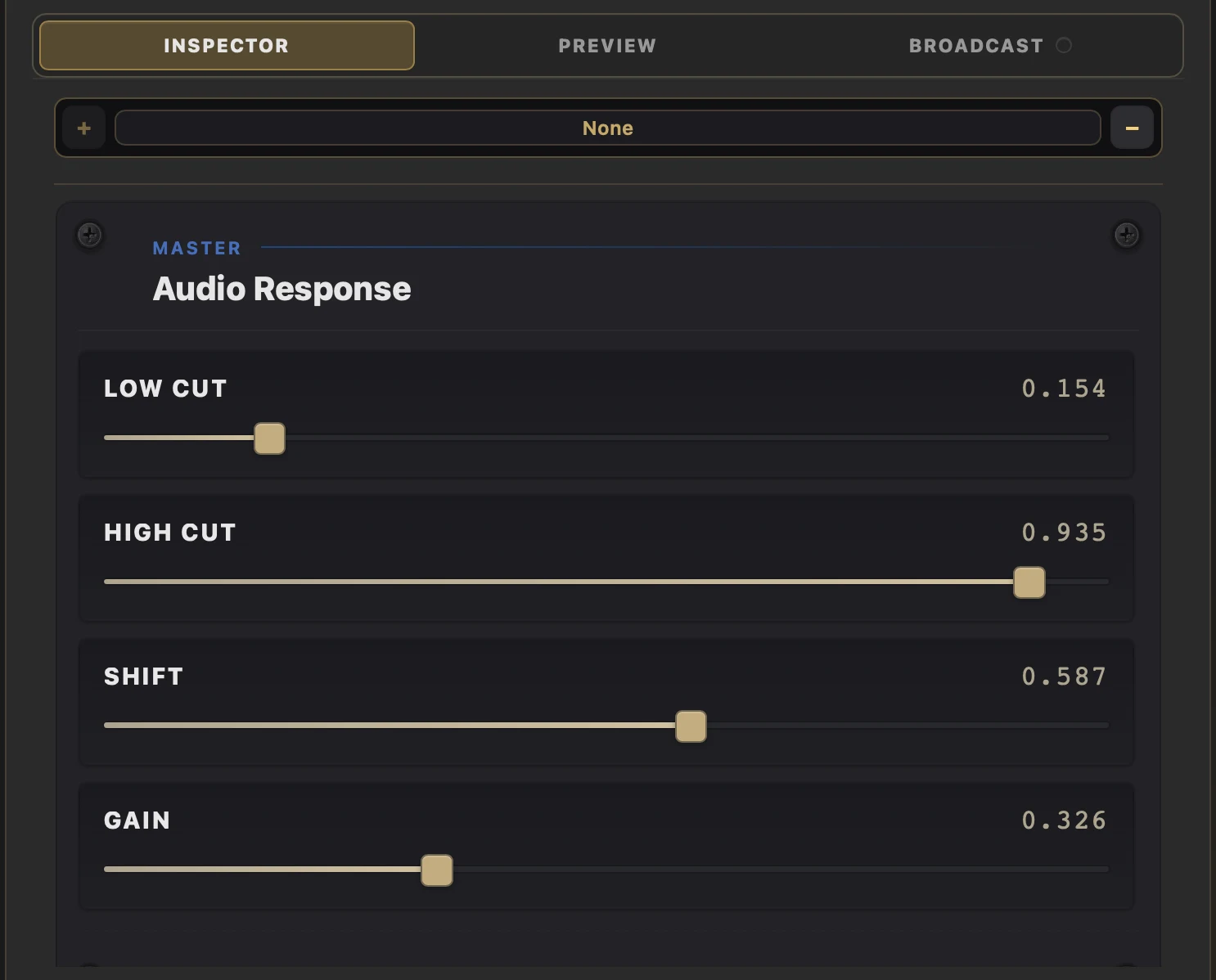 Master Audio Response in Inspector with Low Cut, High Cut, Shift and Gain controls.