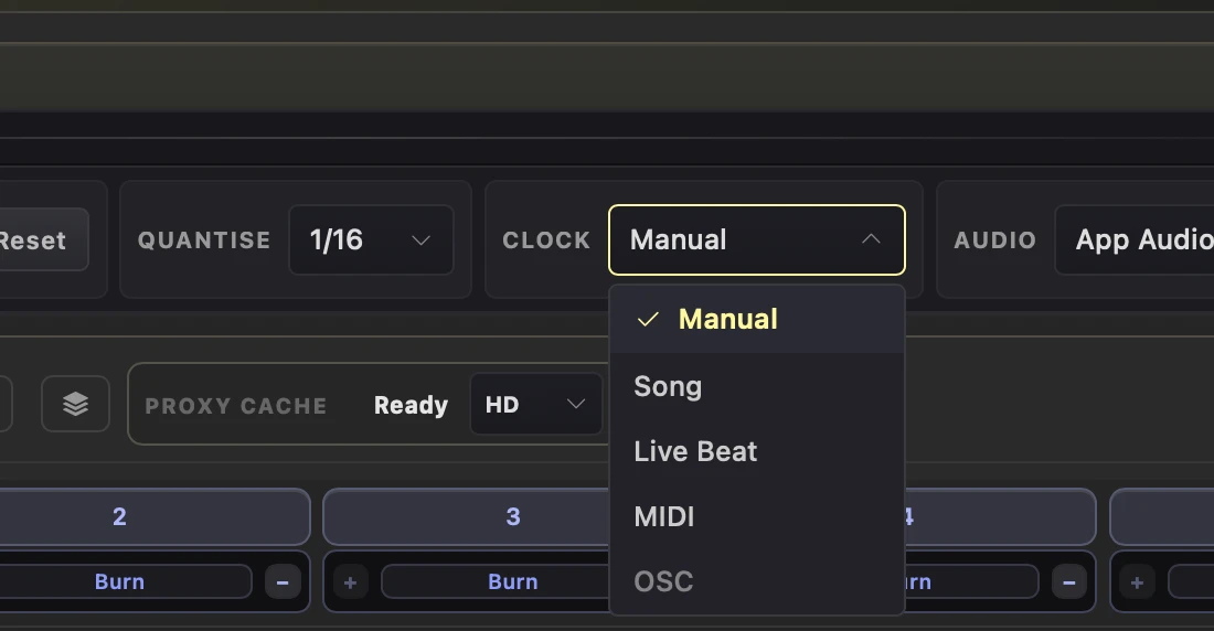 The Clock menu open in the Splode Lab Live deck strip, showing Manual, Song, Live Beat, MIDI and OSC.