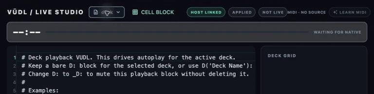 Vūdl Live Studio showing its document selector, Cell Block button, Applied state, and Not Live status.