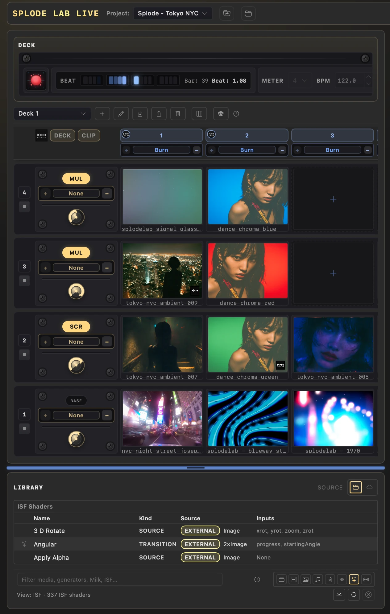 Splode Lab Live deck with layered visual clips, beat controls, blend modes, and an ISF shader library.